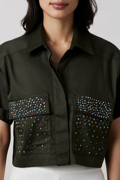 Pallavi Swadi Olive Crop Shirt With Multicolour Swarovski Studs indian designer wear online shopping melange singapore