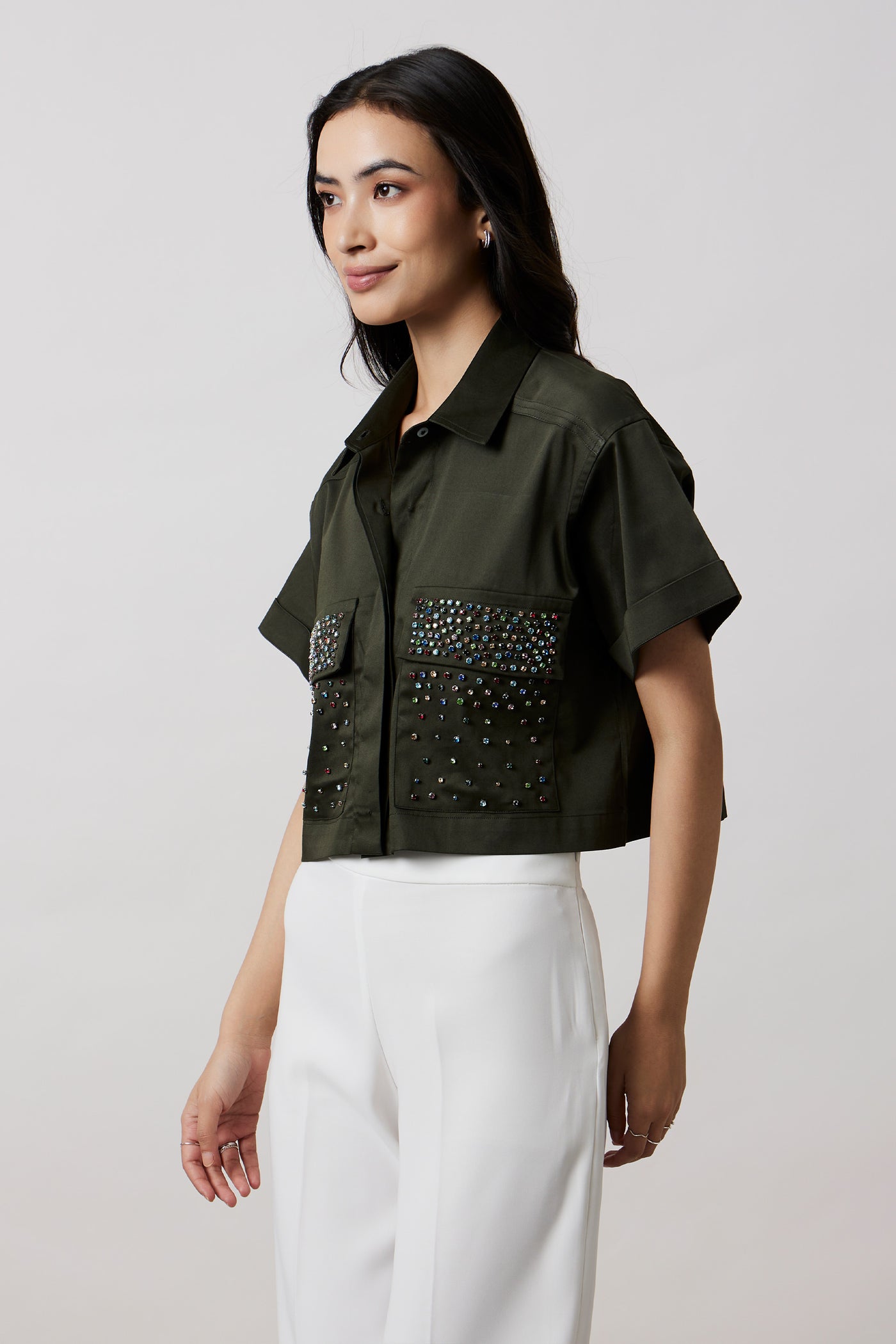 Pallavi Swadi Olive Crop Shirt With Multicolour Swarovski Studs indian designer wear online shopping melange singapore