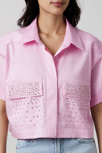 Pallavi Swadi Pastel Pink Crop Shirt With Swarovski Studs indian designer wear online shopping melange singapore