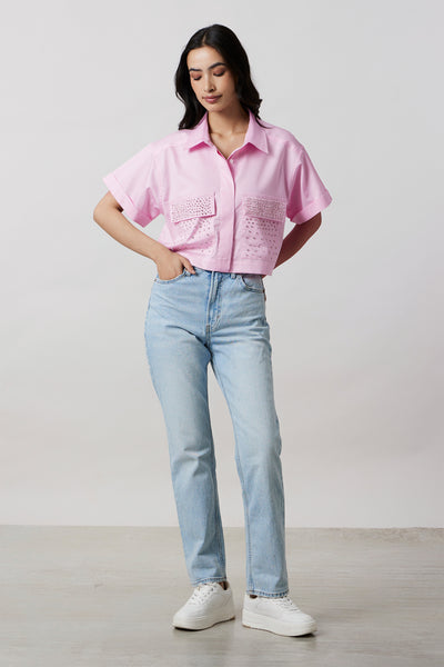 Pallavi Swadi Pastel Pink Crop Shirt With Swarovski Studs indian designer wear online shopping melange singapore