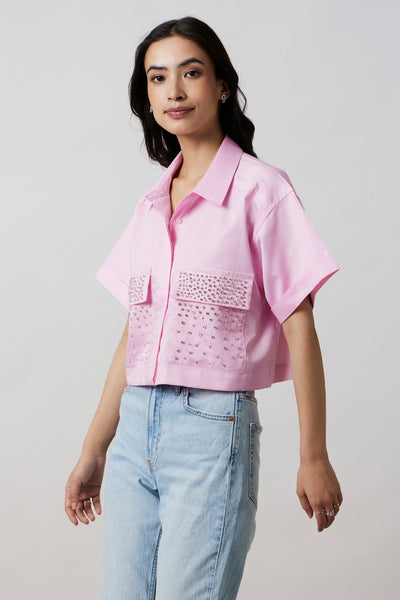 Pallavi Swadi Pastel Pink Crop Shirt With Swarovski Studs indian designer wear online shopping melange singapore