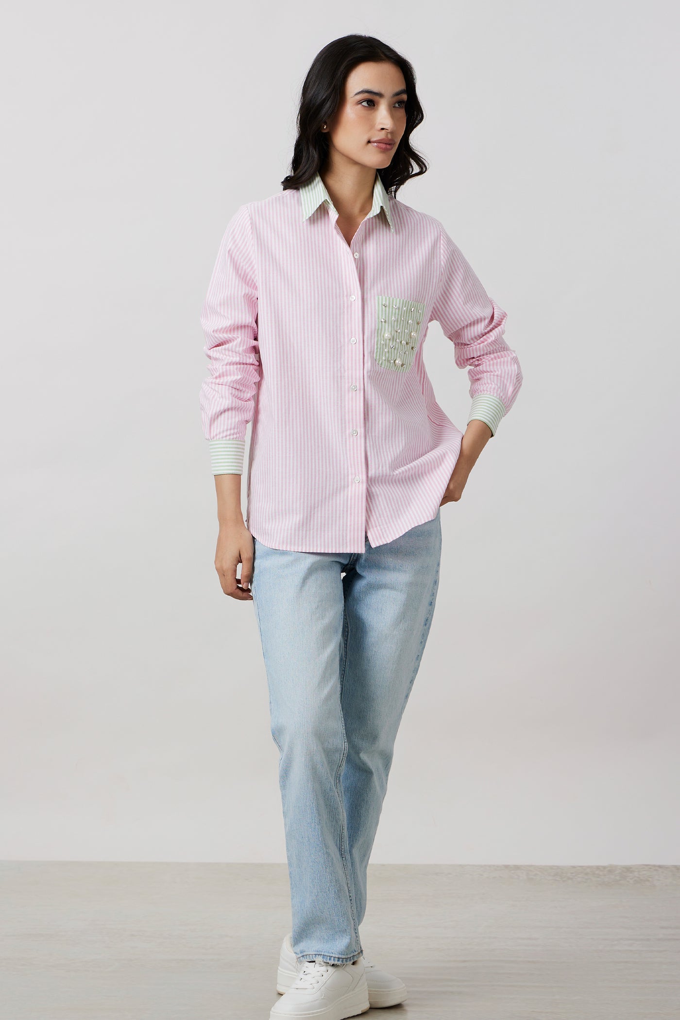 Pallavi Swadi Pink Pastel Stripes Shirt With Swarovski Pearl Pocket indian designer wear online shopping melange singapore