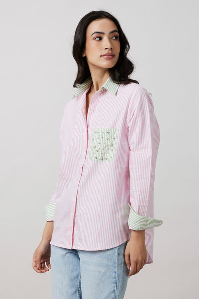 Pallavi Swadi Pink Pastel Stripes Shirt With Swarovski Pearl Pocket indian designer wear online shopping melange singapore