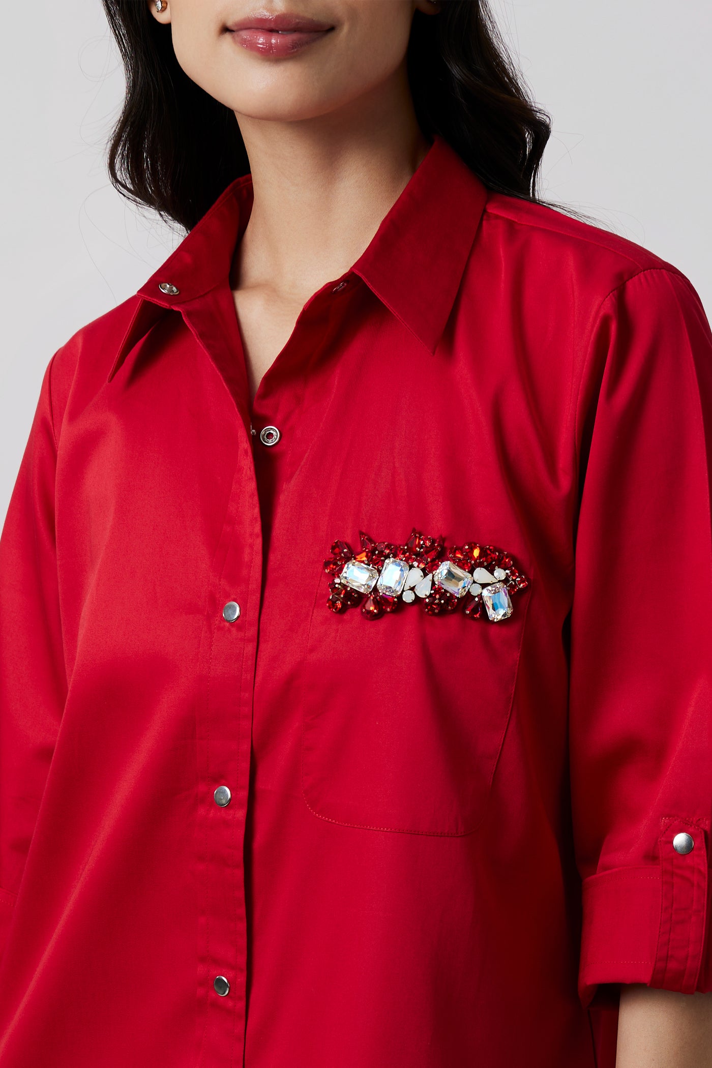 Pallavi Swadi Red Pocket Swarovski Shirt Dress indian designer wear online shopping melange singapore