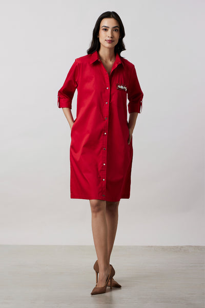 Pallavi Swadi Red Pocket Swarovski Shirt Dress indian designer wear online shopping melange singapore