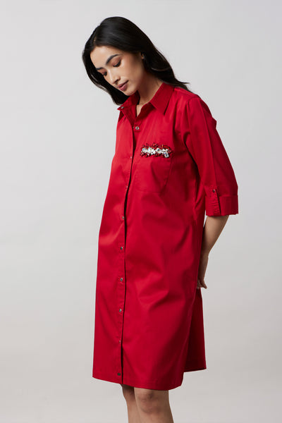 Pallavi Swadi Red Pocket Swarovski Shirt Dress indian designer wear online shopping melange singapore