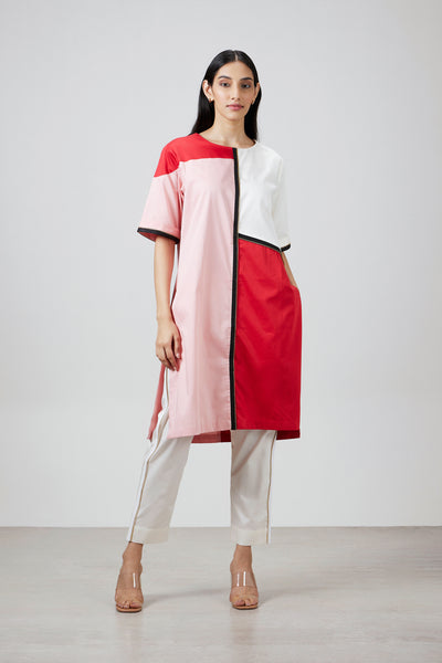 Pallavi Swadi Salmon Red Block Kurta Set indian designer wear online shopping melange singapore