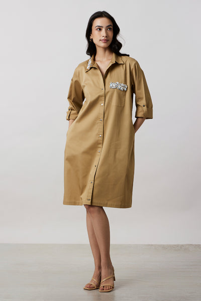 Pallavi Swadi Sand Collar Pocket Swarovski Shirt Dress indian designer wear online shopping melange singapore