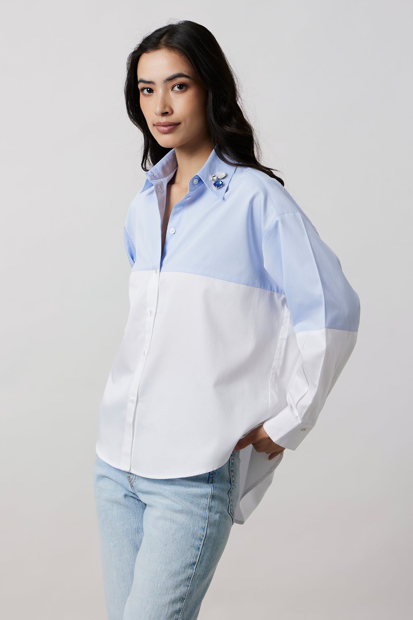 Pallavi Swadi Sky Blue Block Shirt with Swarovski Collar indian designer wear online shopping melange singapore