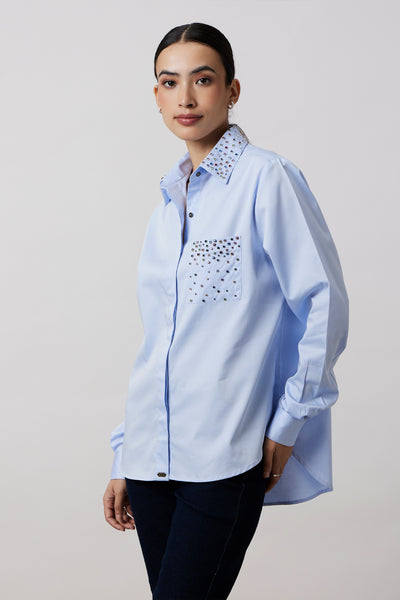 Pallavi Swadi Sky Blue Multicolour Swarovski Studs Full Sleeve Shirt indian designer wear online shopping melange singapore