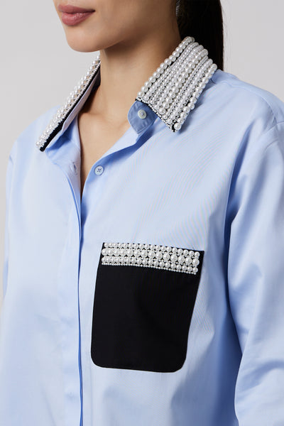 Pallavi Swadi Sky Blue Pearl Collar Pocket Shirt indian designer wear online shopping melange singapore