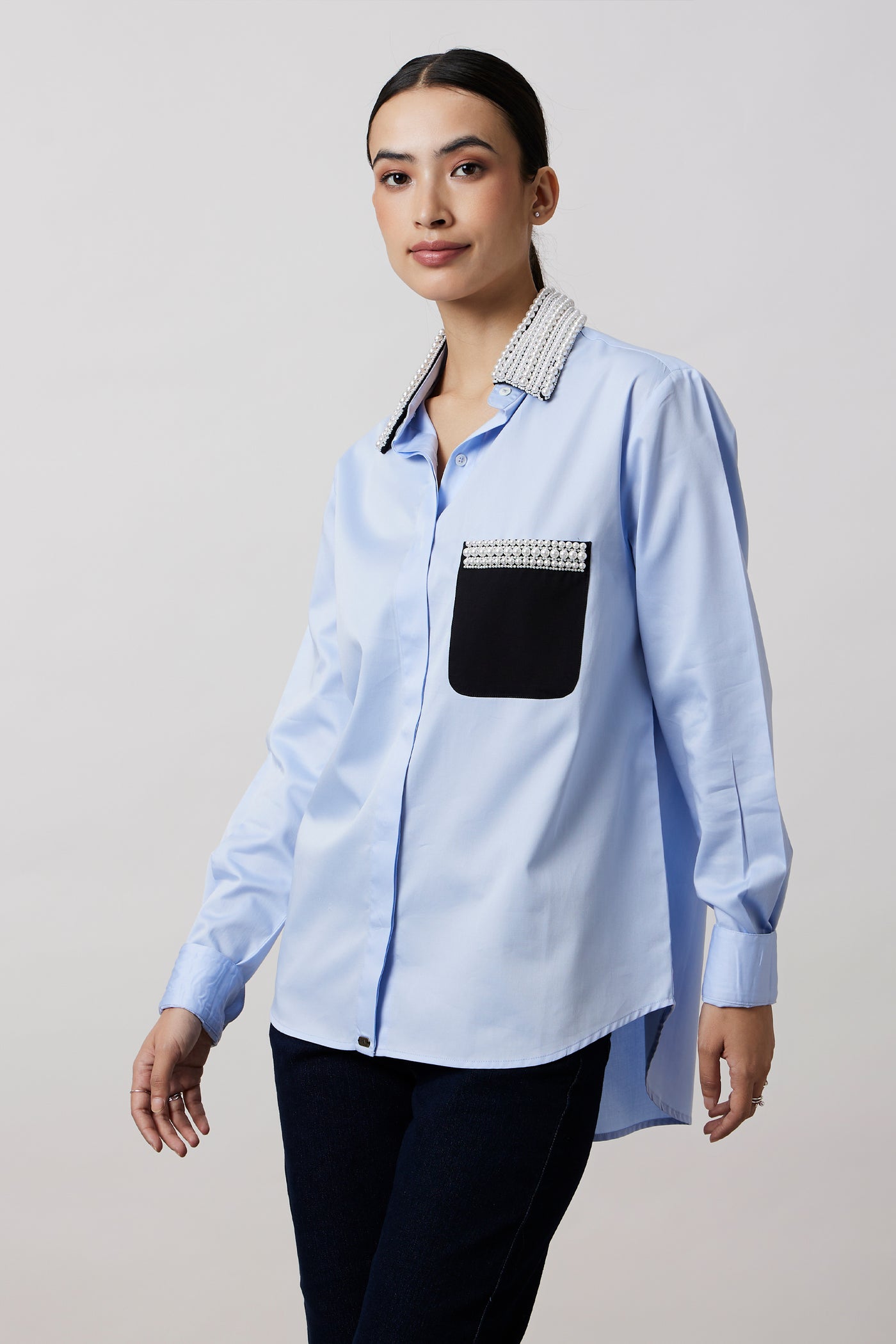 Pallavi Swadi Sky Blue Pearl Collar Pocket Shirt indian designer wear online shopping melange singapore