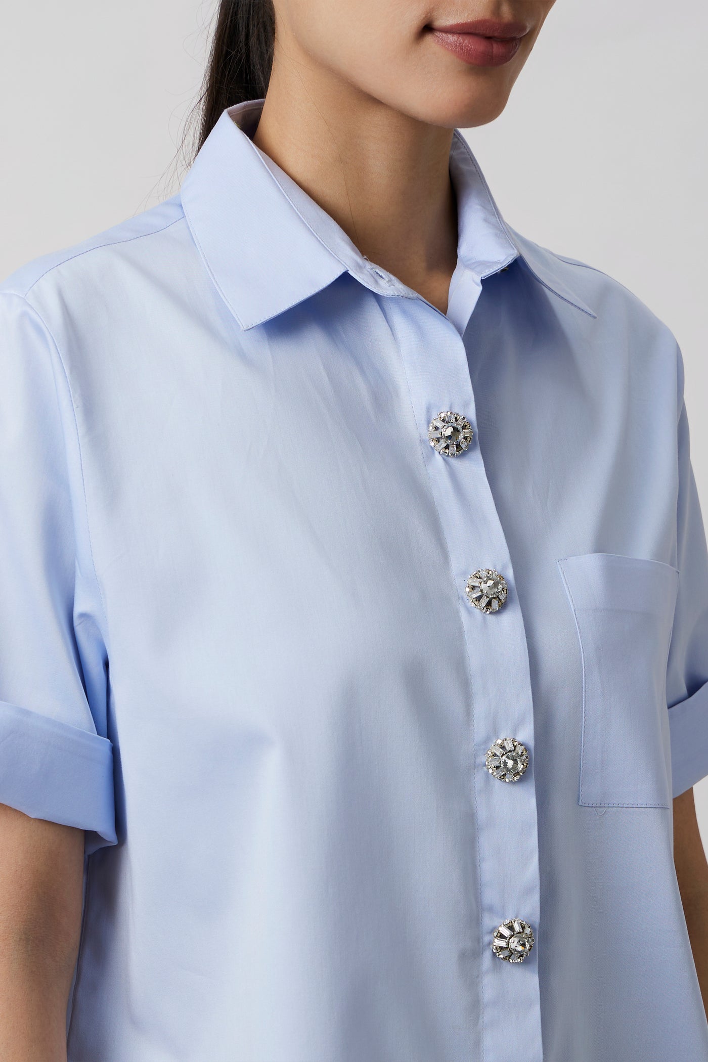 Pallavi Swadi Sky Blue Swarovski Button Shirt indian designer wear online shopping melange singapore