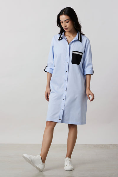 Pallavi Swadi Skyblue Pearl Collar Pocket Shirt Dress indian designer wear online shopping melange singapore