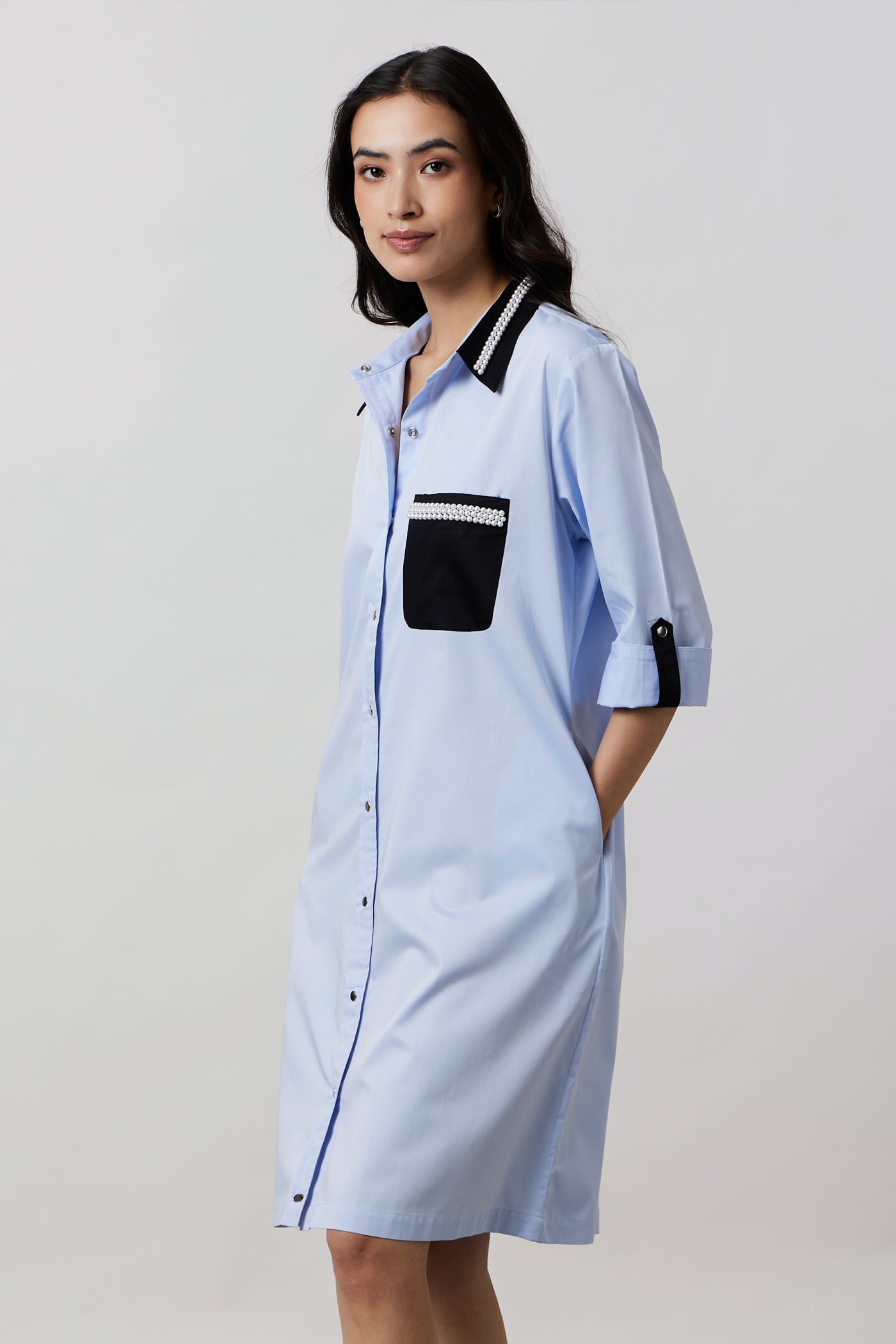 Pallavi Swadi Skyblue Pearl Collar Pocket Shirt Dress indian designer wear online shopping melange singapore