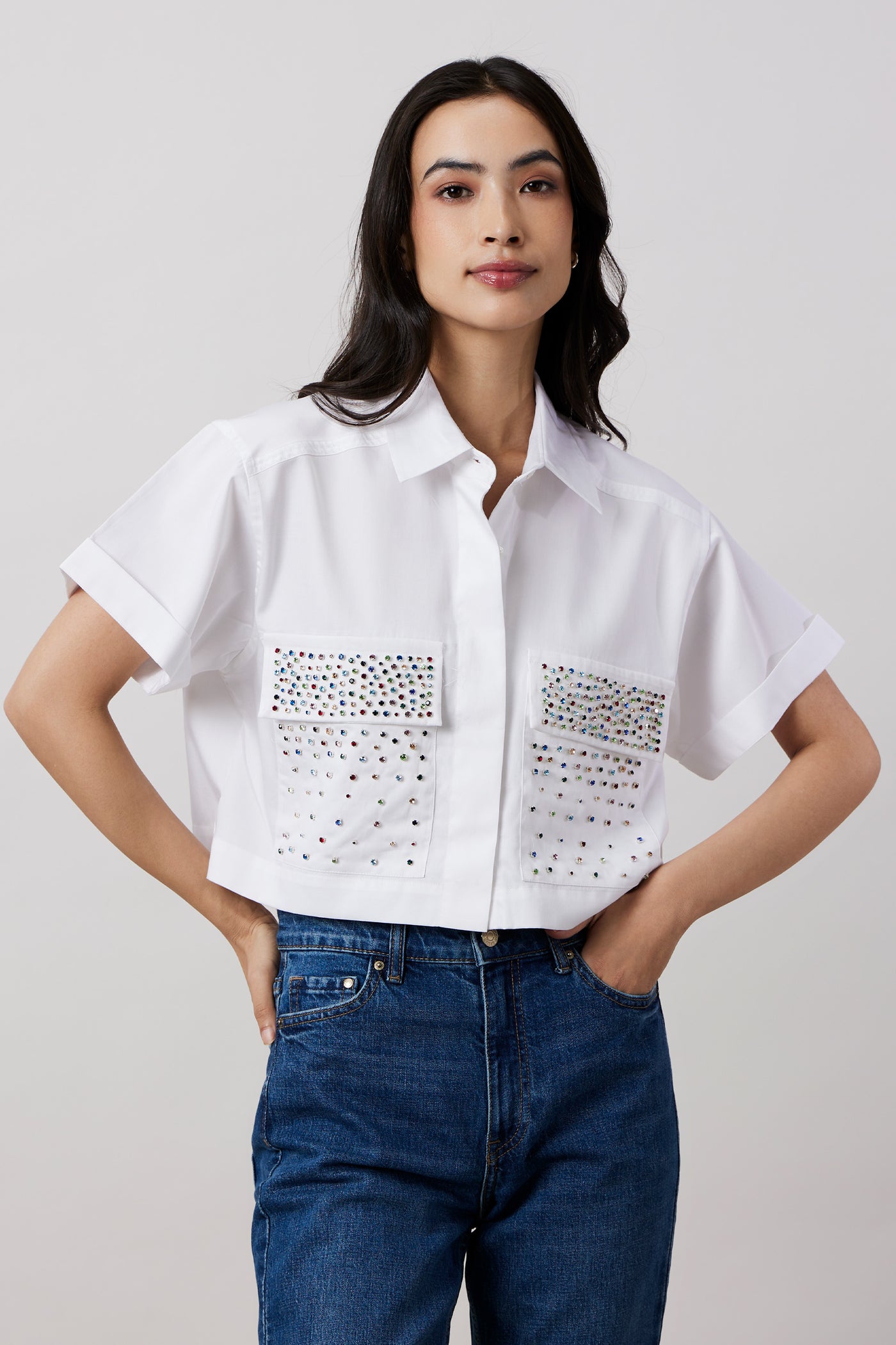 Pallavi Swadi White Crop Shirt With Multicolour Swarovski Studs indian designer wear online shopping melange singapore