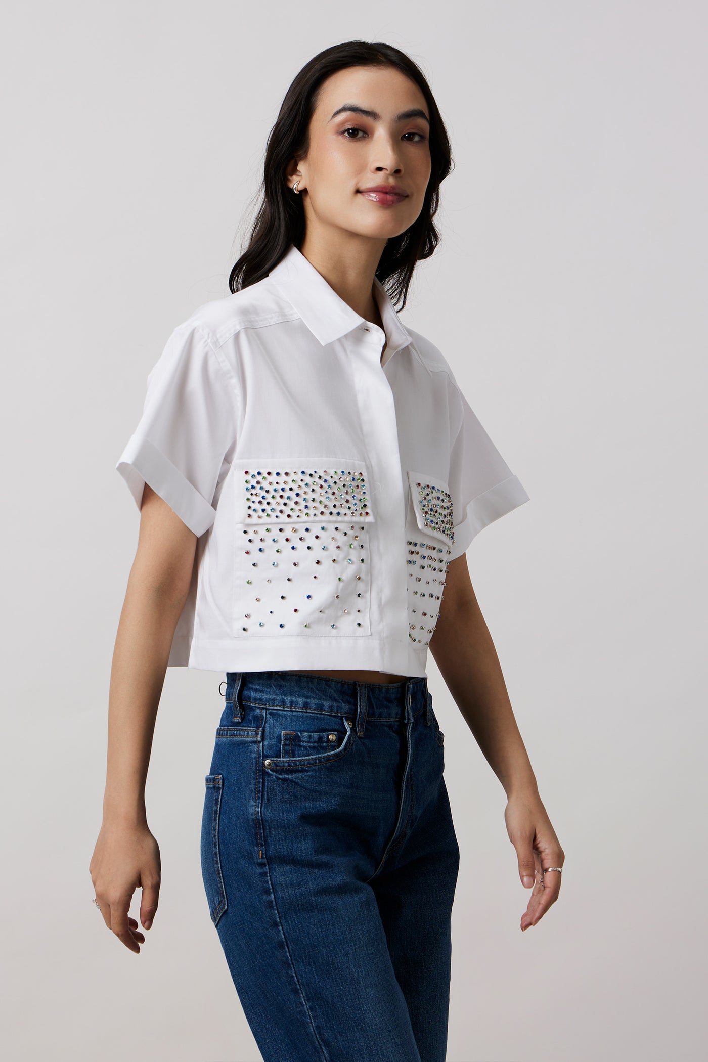 Pallavi Swadi White Crop Shirt With Multicolour Swarovski Studs indian designer wear online shopping melange singapore