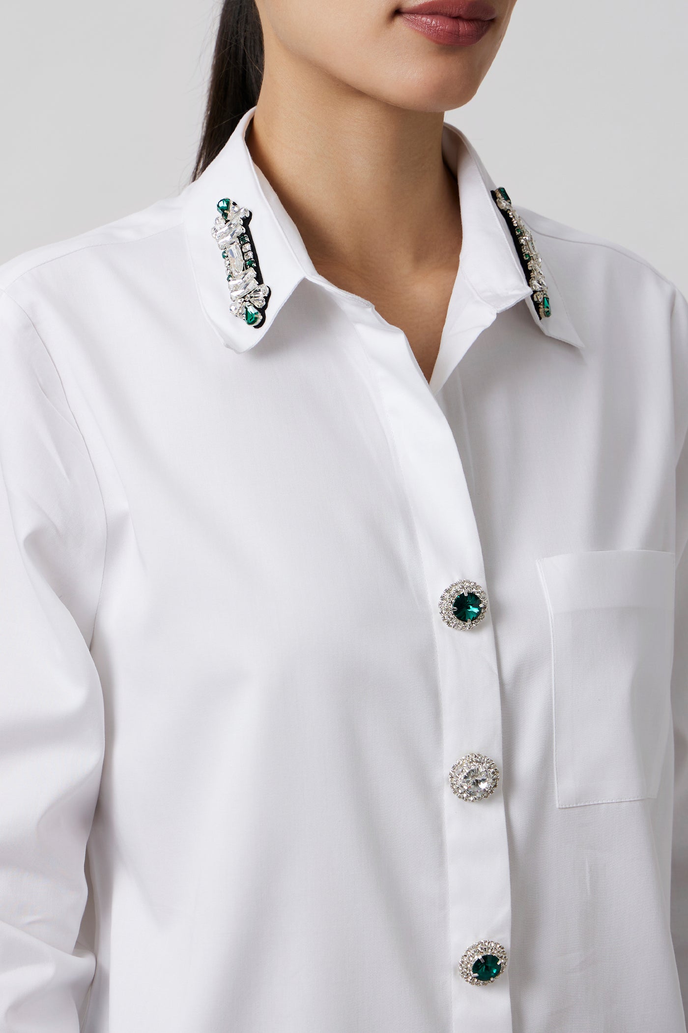 Pallavi Swadi White Emerald Swarovski Button Shirt indian designer wear online shopping melange singapore