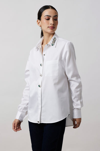 Pallavi Swadi White Emerald Swarovski Button Shirt indian designer wear online shopping melange singapore