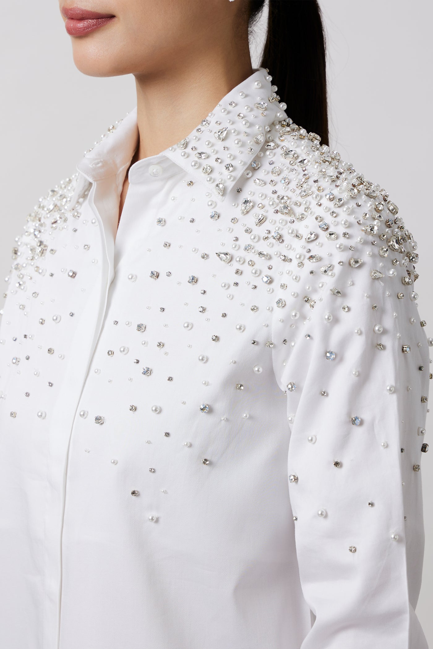 Pallavi Swadi White Encrusted Pearl Swarovski Shirt indian designer wear online shopping melange singapore