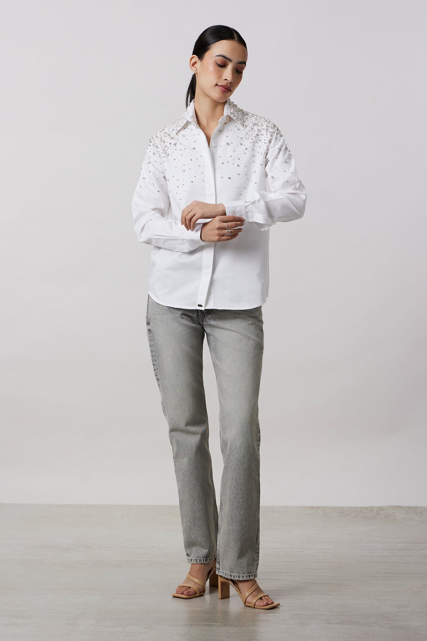 Pallavi Swadi White Encrusted Pearl Swarovski Shirt indian designer wear online shopping melange singapore