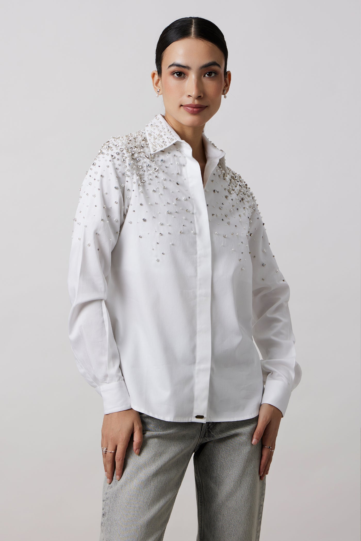 Pallavi Swadi White Encrusted Pearl Swarovski Shirt indian designer wear online shopping melange singapore