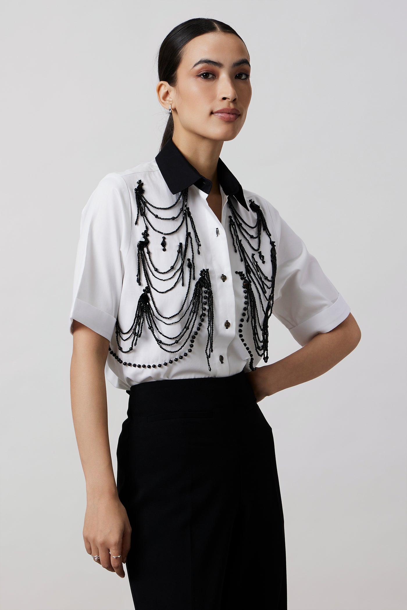 Pallavi Swadi White Fringe Pannel Shirt indian designer wear online shopping melange singapore