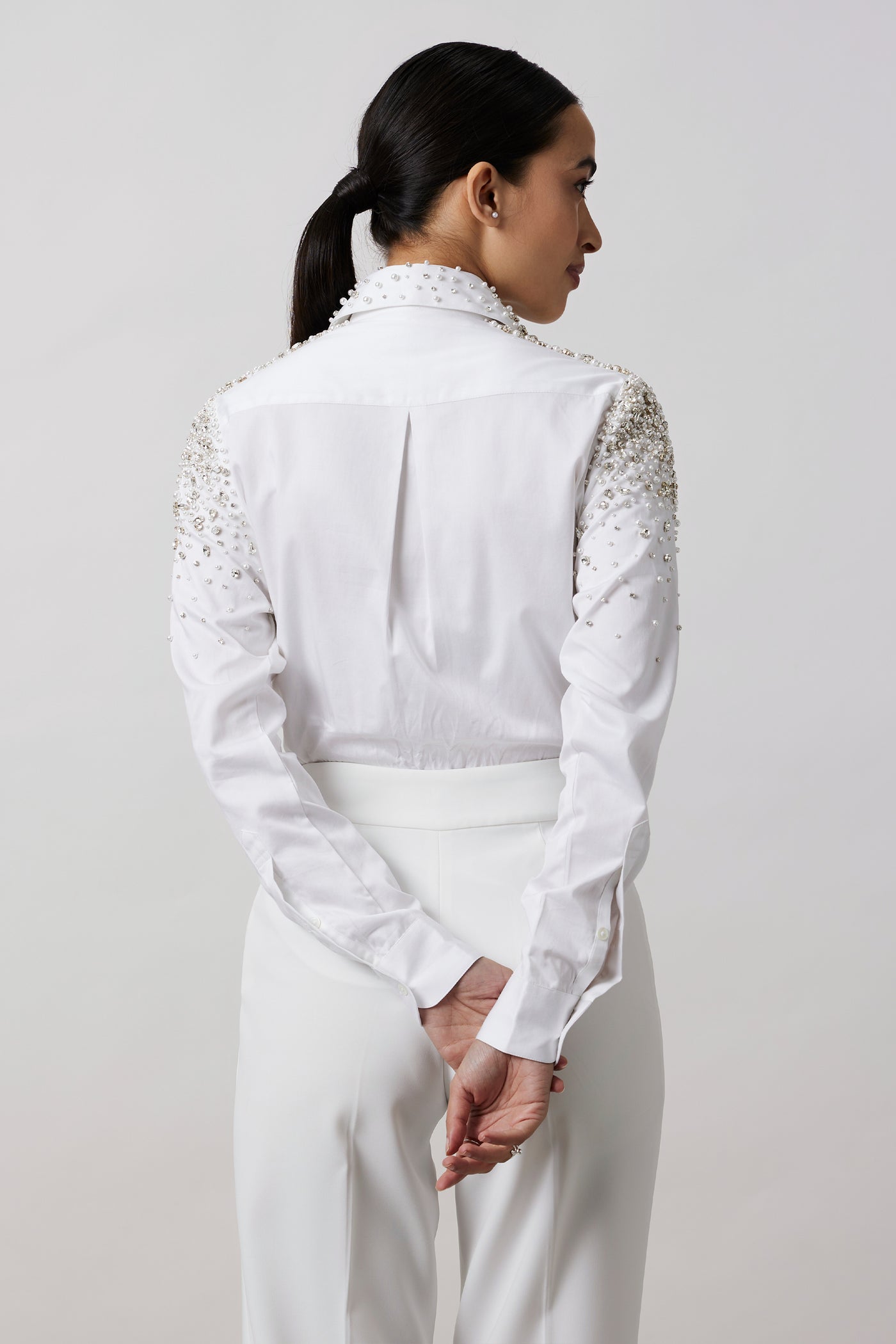 Pallavi Swadi White Heavy Encrusted Pearl Swarovski Shirt indian designer wear online shopping melange singapore