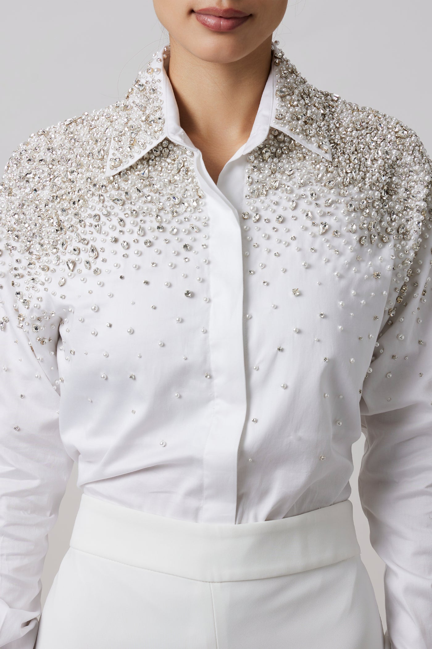 Pallavi Swadi White Heavy Encrusted Pearl Swarovski Shirt indian designer wear online shopping melange singapore