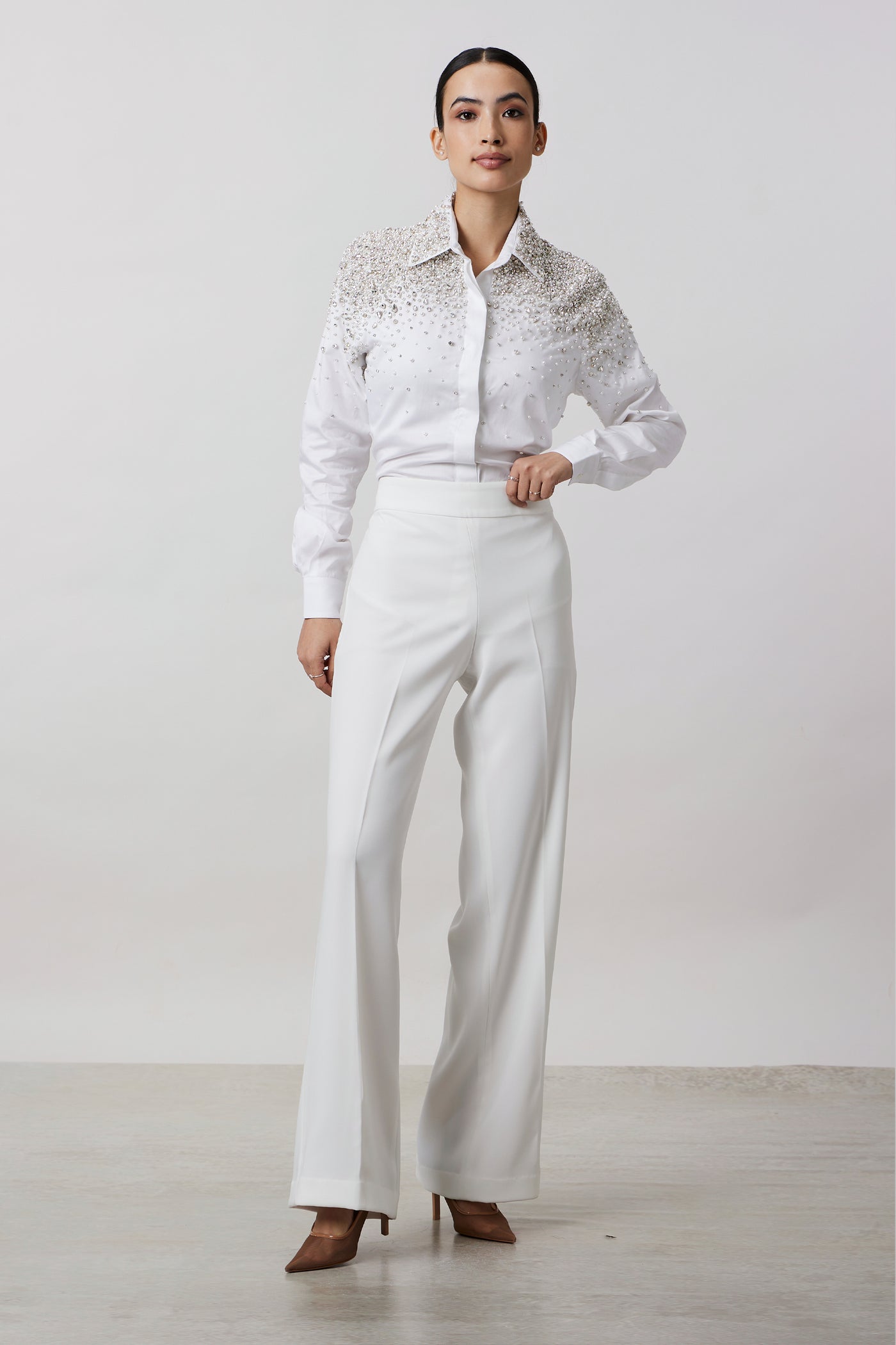 Pallavi Swadi White Heavy Encrusted Pearl Swarovski Shirt indian designer wear online shopping melange singapore