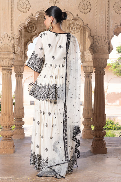 Preevin Black White All Over Ambi Embroidered Peplum Sharara With Dupatta indian designer wear online shopping melange singapore