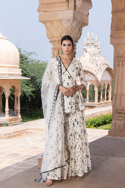 Preevin Black White Bk All Over Embroidered Peplum Sharara With Dupatta indian designer wear online shopping melange singapore