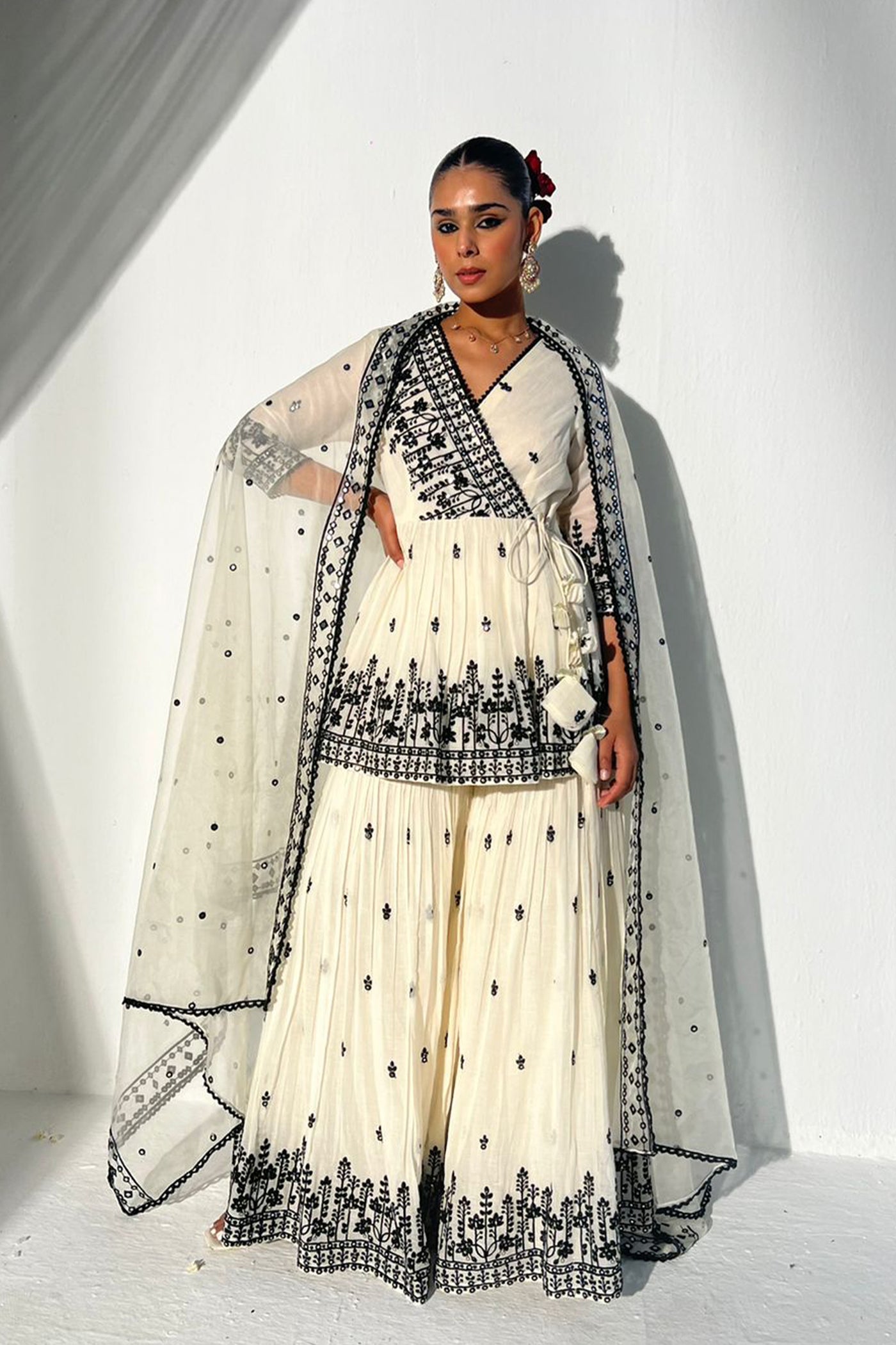 Preevin Black White Lotus Peplum Sharara indian designer wear online shopping melange singapore