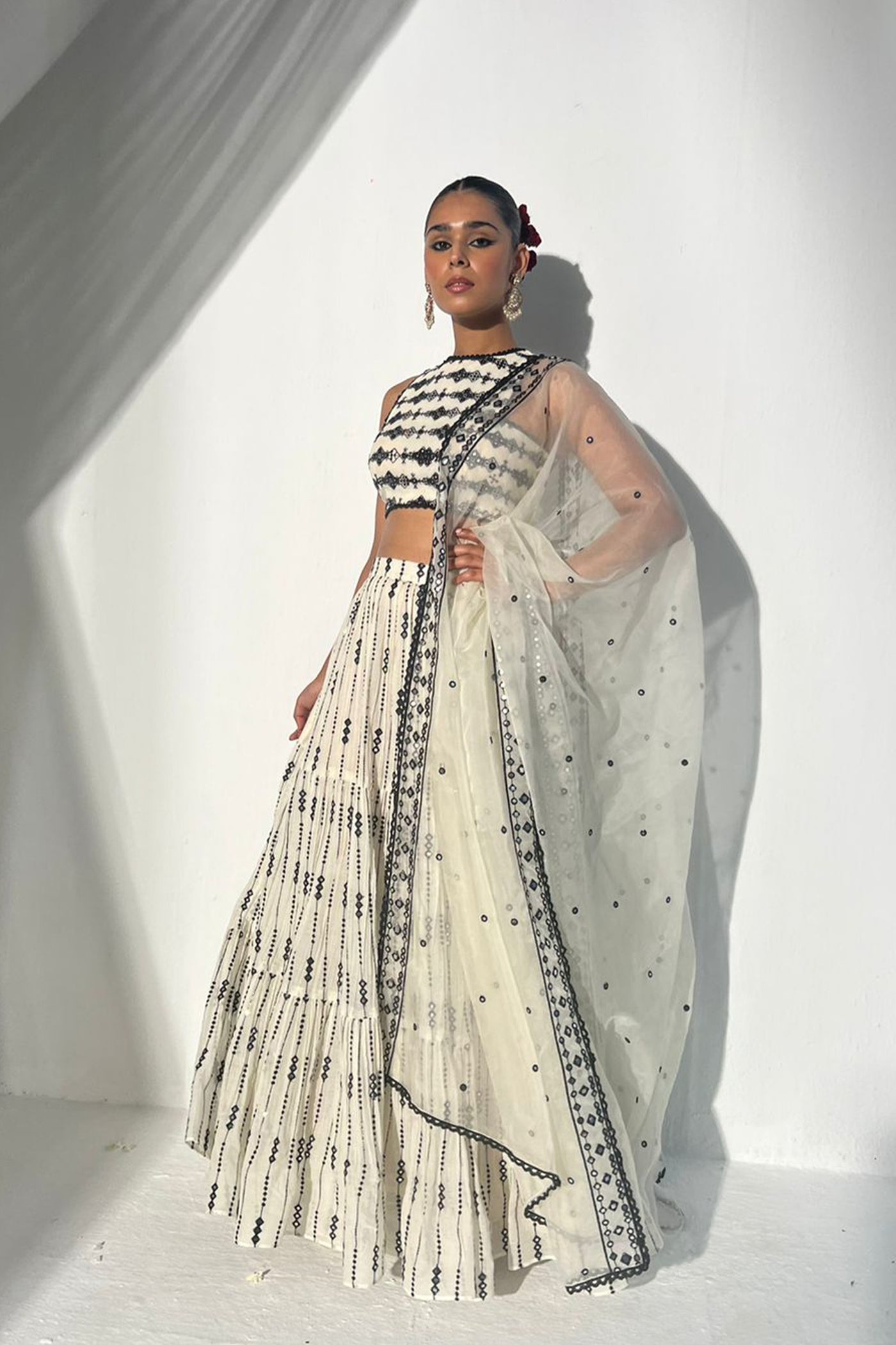Preevin Black White Sk 3d Lehenga With Embroidered Dupatta indian designer wear online shopping melange singapore