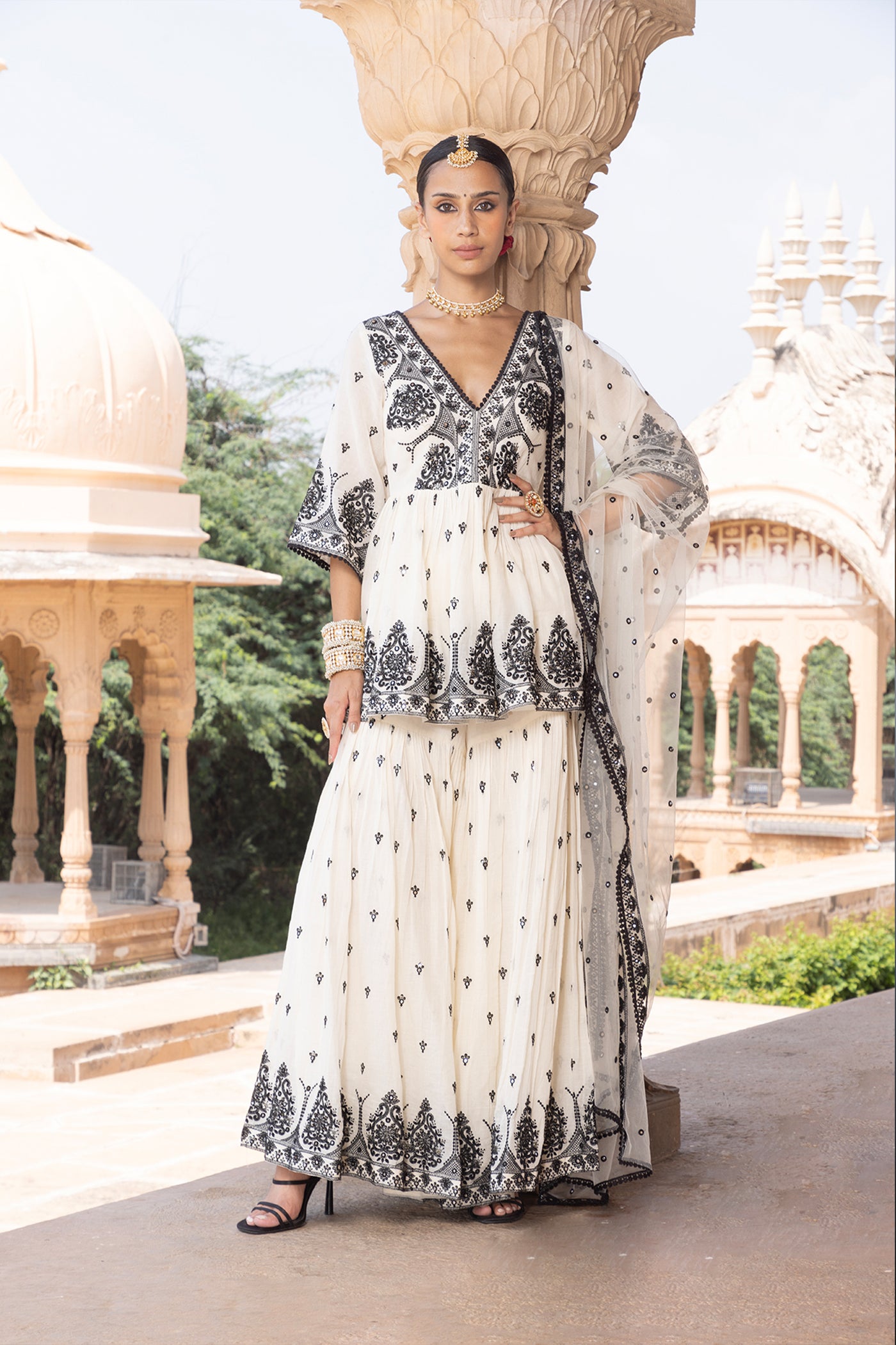 Preevin Black White All Over Embroidered Tower Peplum Sharara With Dupatta indian designer wear online shopping melange singapore