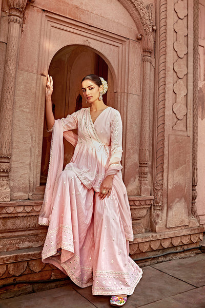 Preevin Blush Pink All Three Peplum Sharara indian designer wear online shopping melange singapore