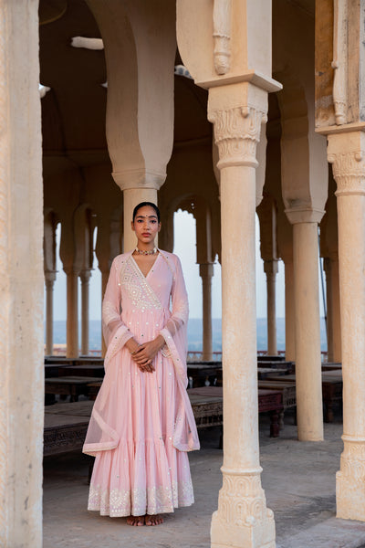 Preevin Blush Pink Diamond Angrakha indian designer wear online shopping melange singapore