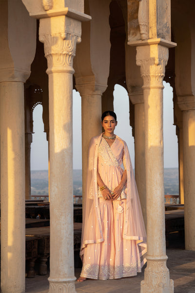 Preevin Blush Pink Diamond Peplum Sharara indian designer wear online shopping melange singapore