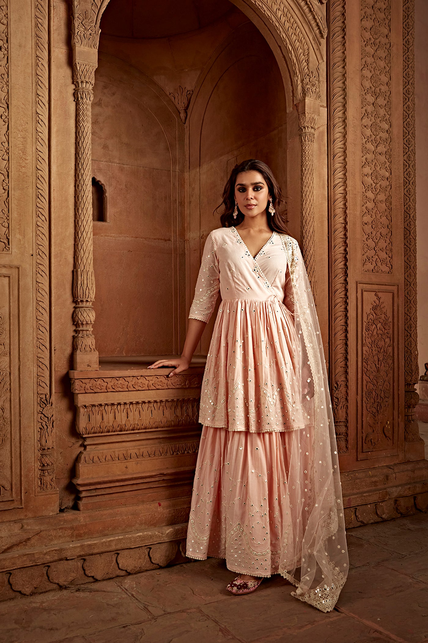 Preevin Blush Pink Double Layer All Over Barfi Embroidered Angrakha indian designer wear online shopping melange singapore