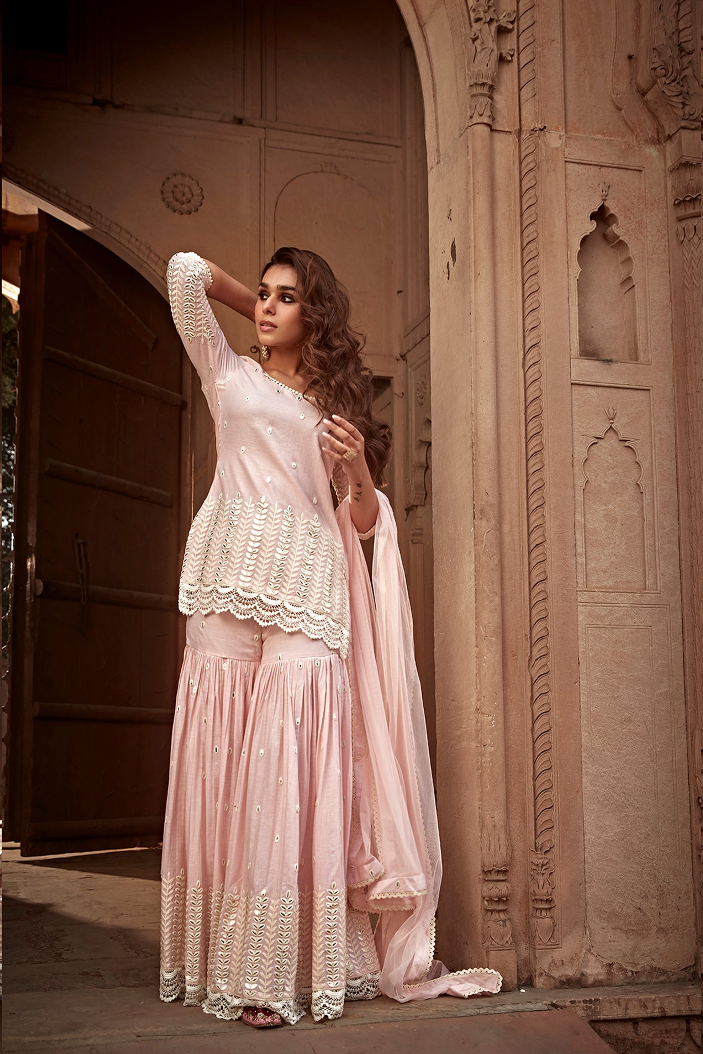 Preevin Blush Pink Leaf Straight Sharara indian designer wear online shopping melange singapore
