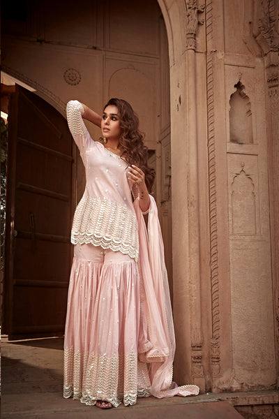 Preevin Blush Pink Leaf Straight Sharara indian designer wear online shopping melange singapore