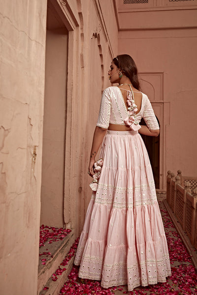 Preevin Blush Pink Triangle Lehenga with Embroidered Dupatta indian designer wear online shopping melange singapore