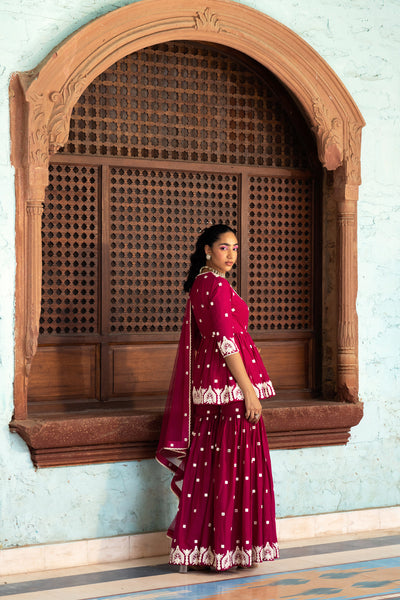 Preevin Fuchsia Temple Peplum Sharara indian designer wear online shopping melange singapore