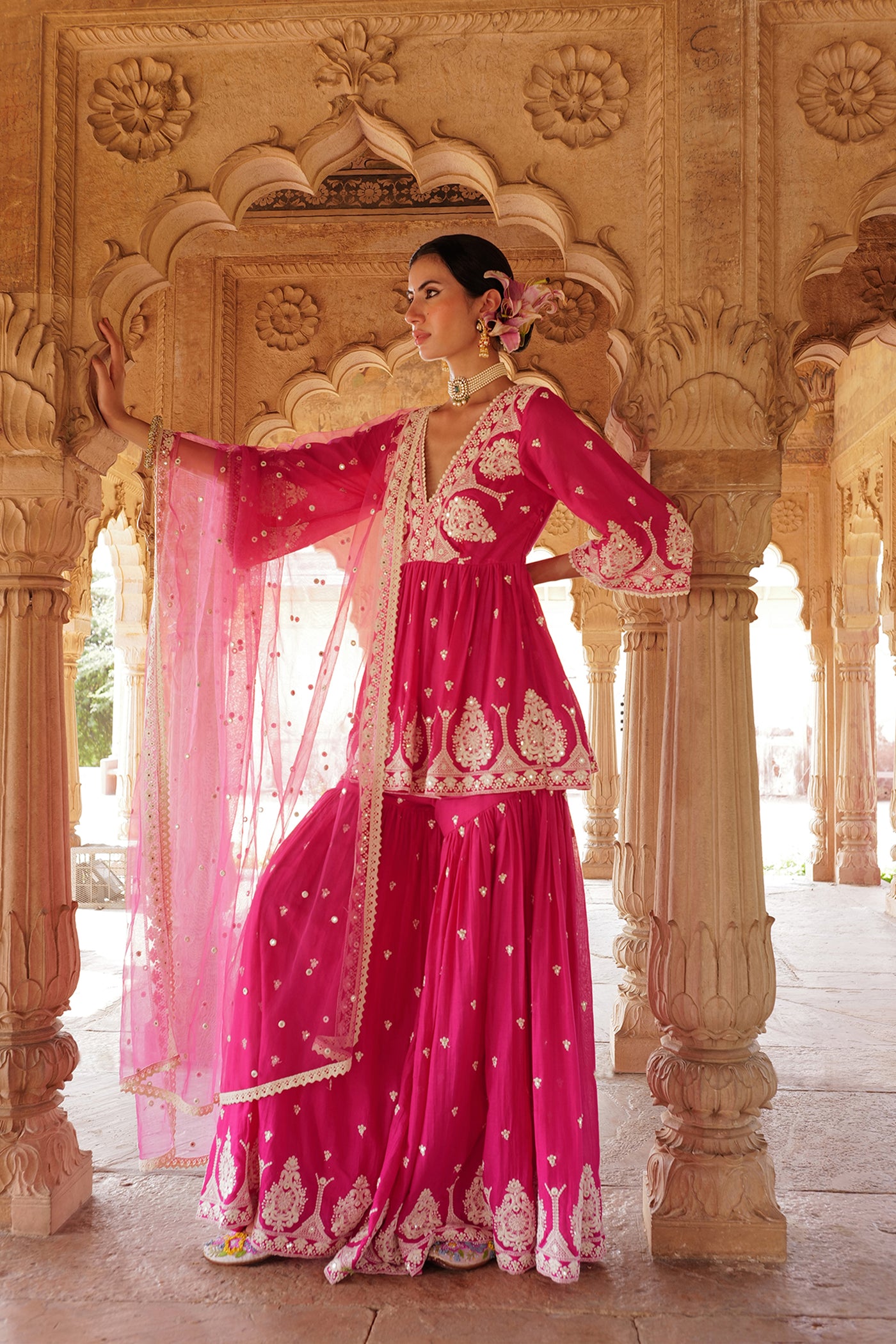 Preevin Hot Pink All Over Embroidered Tower Peplum Sharara With Dupatta indian designer wear online shopping melange singapore