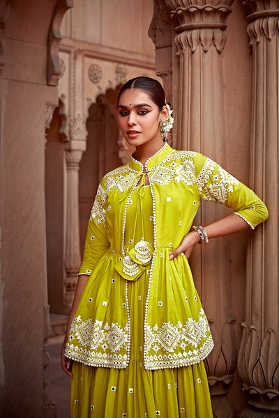 Preevin Neon Green Diamond Jacaket with Anarkali indian designer wear online shopping melange singapore