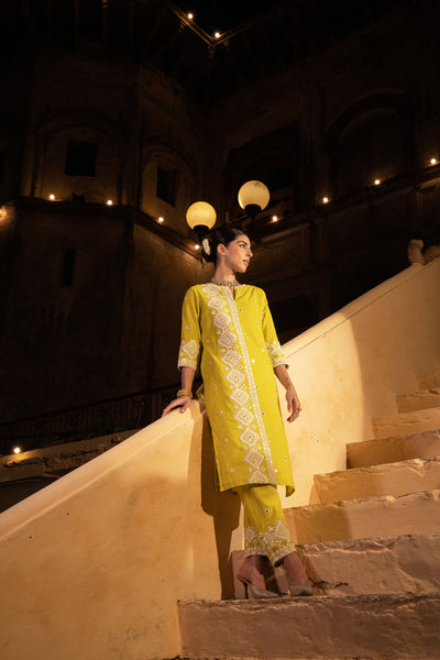 Preevin Neon Green Diamond Kurta With Pants indian designer wear online shopping melange singapore