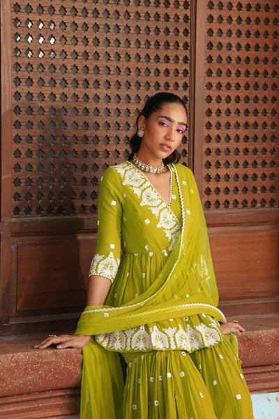 Preevin Neon Green Temple Peplum Sharara indian designer wear online shopping melange singapore