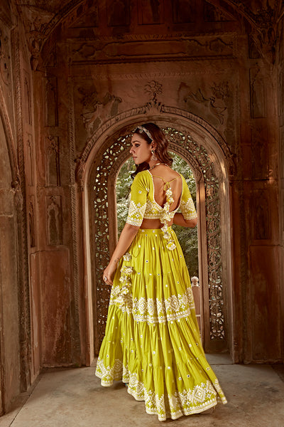 Preevin Neon Green Triangle Lehenga With Embroidered Dupatta indian designer wear online shopping melange singapore