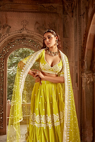 Preevin Neon Green Triangle Lehenga With Embroidered Dupatta indian designer wear online shopping melange singapore