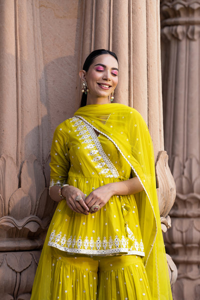 Preevin Neon Green Triangle Peplum Sharara indian designer wear online shopping melange singapore